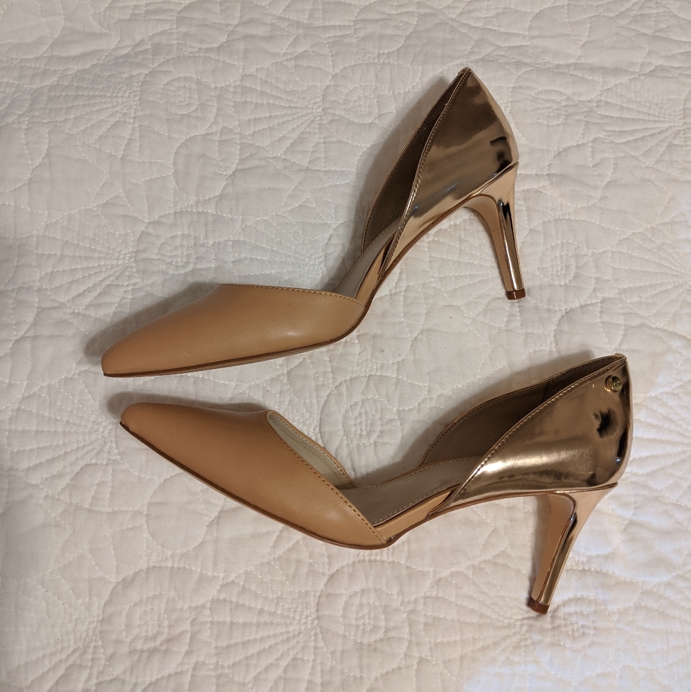 Calvin Klein nude gold pointy toe pump heels